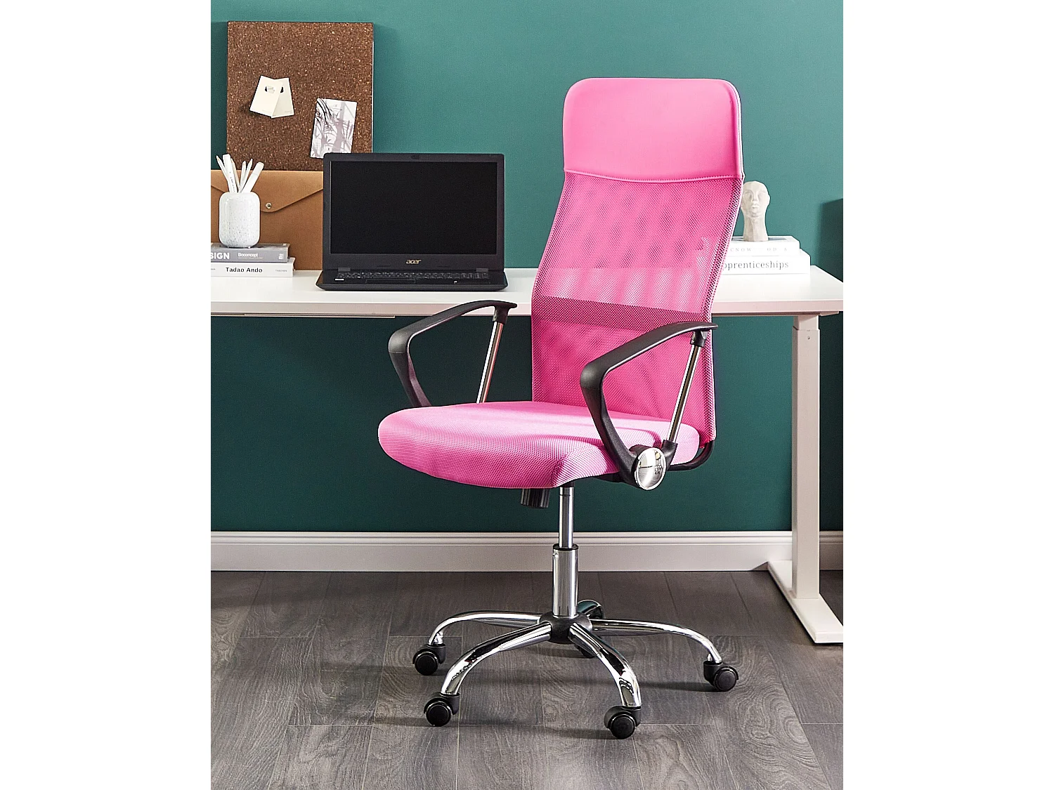 Bequemer Bürostuhl hohe Rückenlehne höhenverstellbar Netz rosa Design