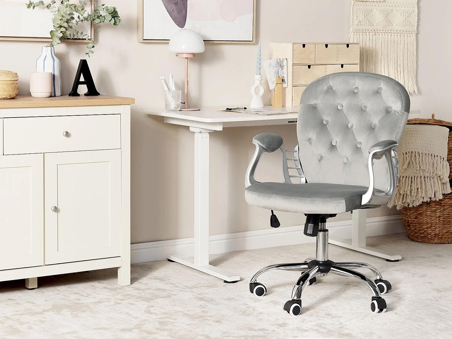 Bürostuhl Samtstoff hellgrau höhenverstellbar PRINCESS