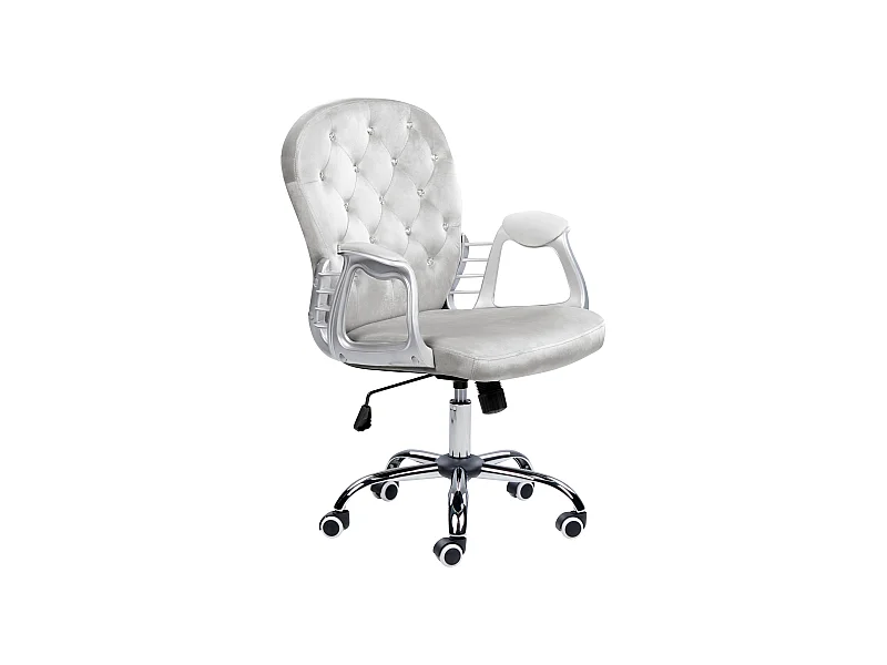 Bürodrehstuhl aus Samt Verstellbar Rückenlehne mit Kristallknöpfen Hellgrau Princess