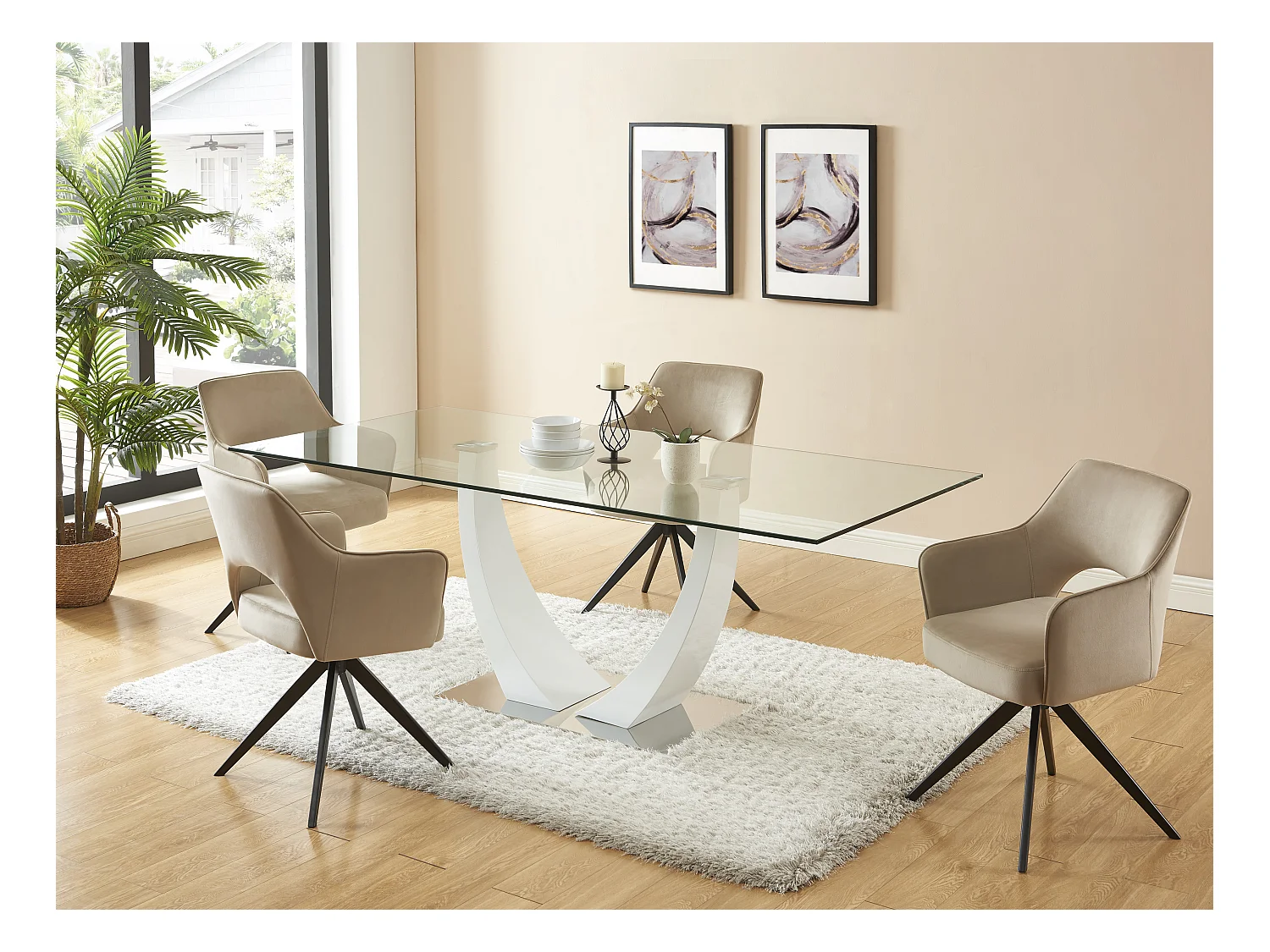 Lot de 6 chaises pivotantes avec accoudoirs en velours et métal noir - Beige - KONYA