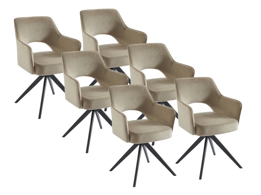 Lot de 6 chaises pivotantes avec accoudoirs en velours et métal noir - Beige - KONYA