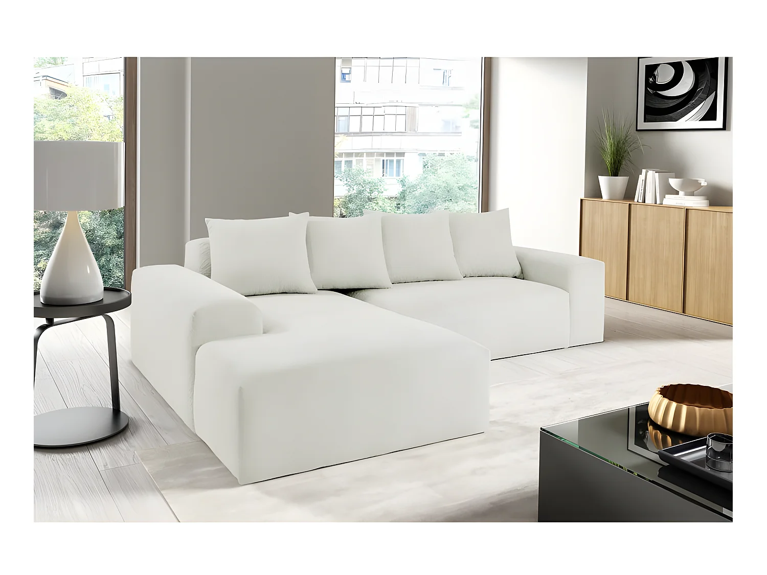 Canapé d'angle MODULA angle gauche blanc tissu bouclette