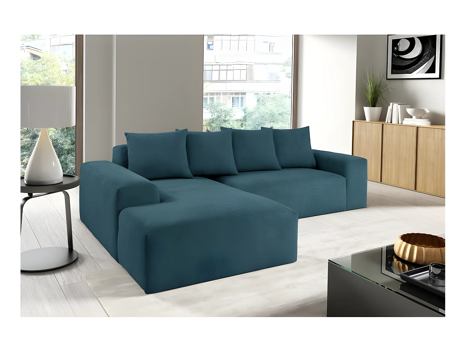 Canapé d'angle MODULA bleu angle gauche tissu bouclette