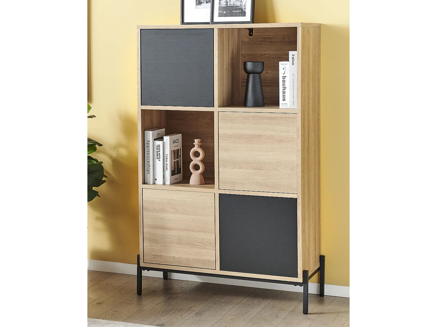 Bücherregal 4 Fächer 2 offene Regale Helles Holz und Grau Moines