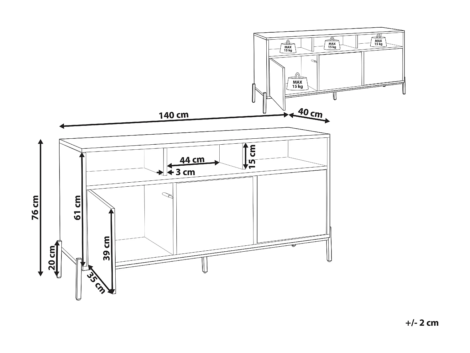 Sideboard mit 3 Türen und 3 offenen Fächern aus hellem Holz und Grau Moines