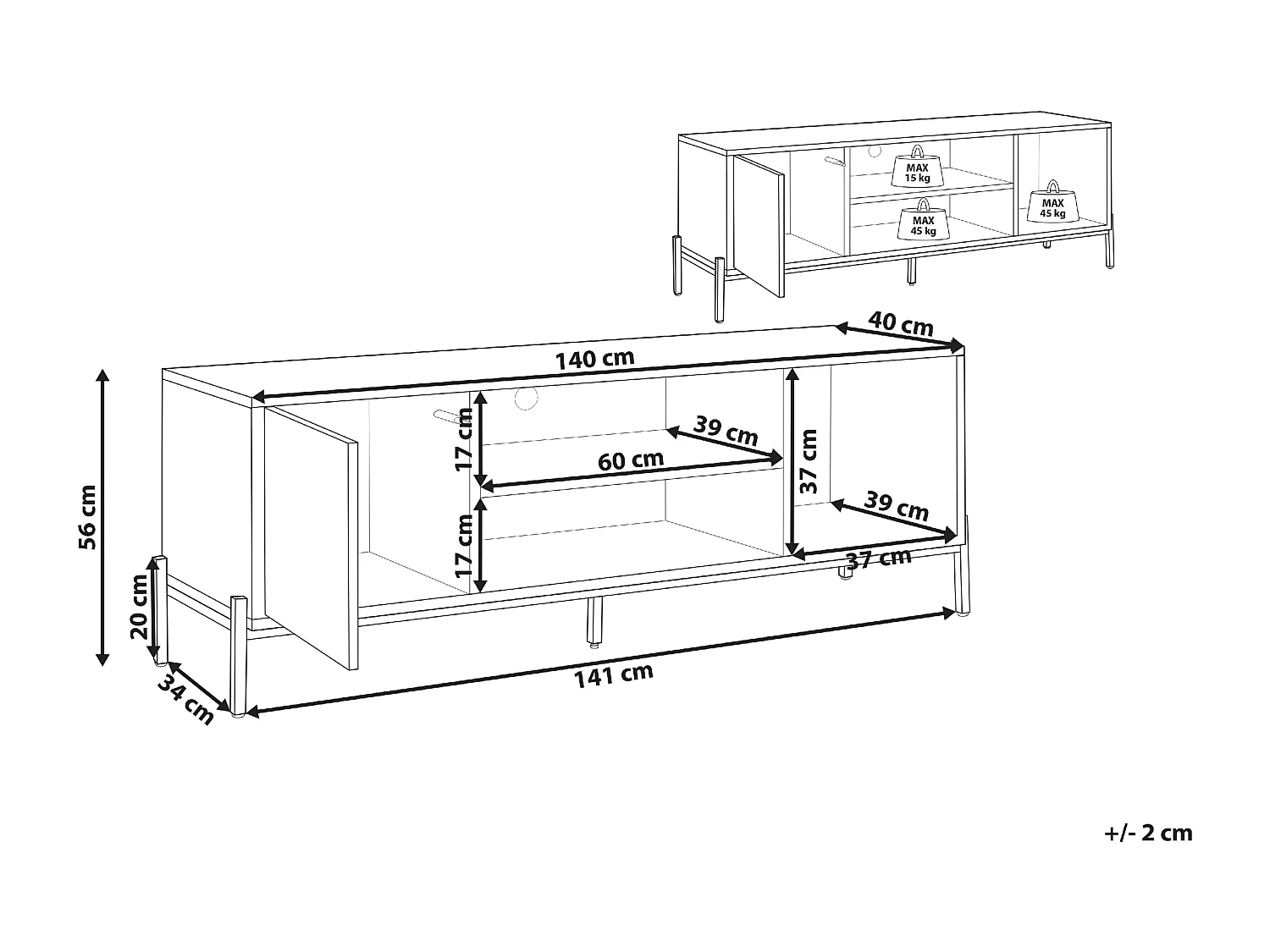 TV Ständer 1 Tür Aufbewahrung Flachbrett 2 Offene Regale Helles Holz und Grau Moines