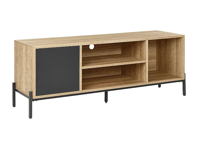 TV Ständer 1 Tür Aufbewahrung Flachbrett 2 Offene Regale Helles Holz und Grau Moines