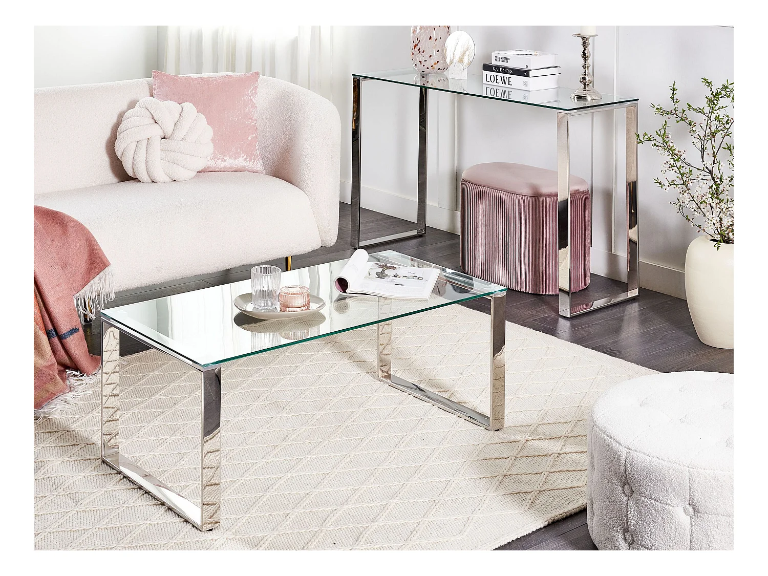 Moderner Couchtisch mit Edelstahlgestell Glasplatte Silber Tilon