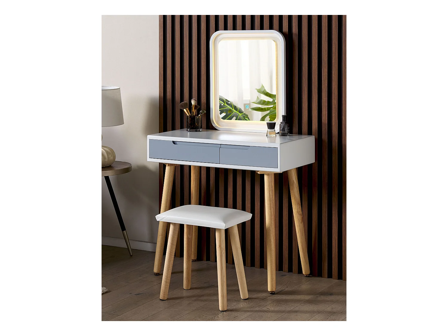 Coiffeuse avec miroir et tabouret DIEPPE LED Blanc