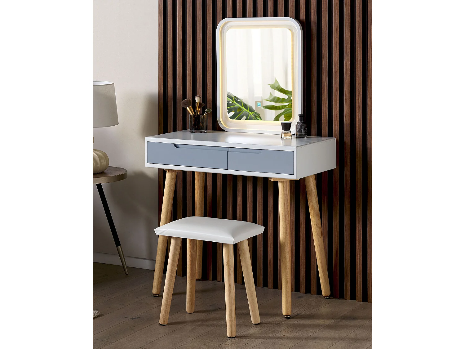 Frisiertisch Set mit Hocker Ablage LED Spiegel 2 Schubladen Weiß und Grau Dieppe