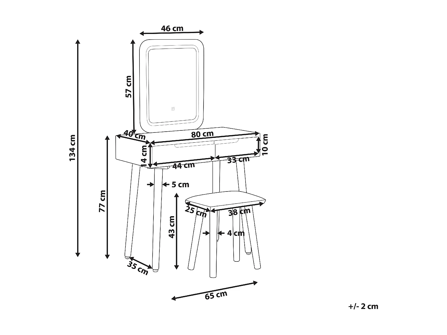 Frisiertisch Set mit Hocker Ablage LED Spiegel 2 Schubladen Weiß und Grau Dieppe