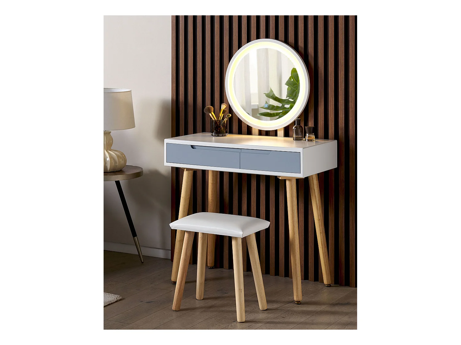 Coiffeuse avec miroir et tabouret JOSSELIN LED Blanc