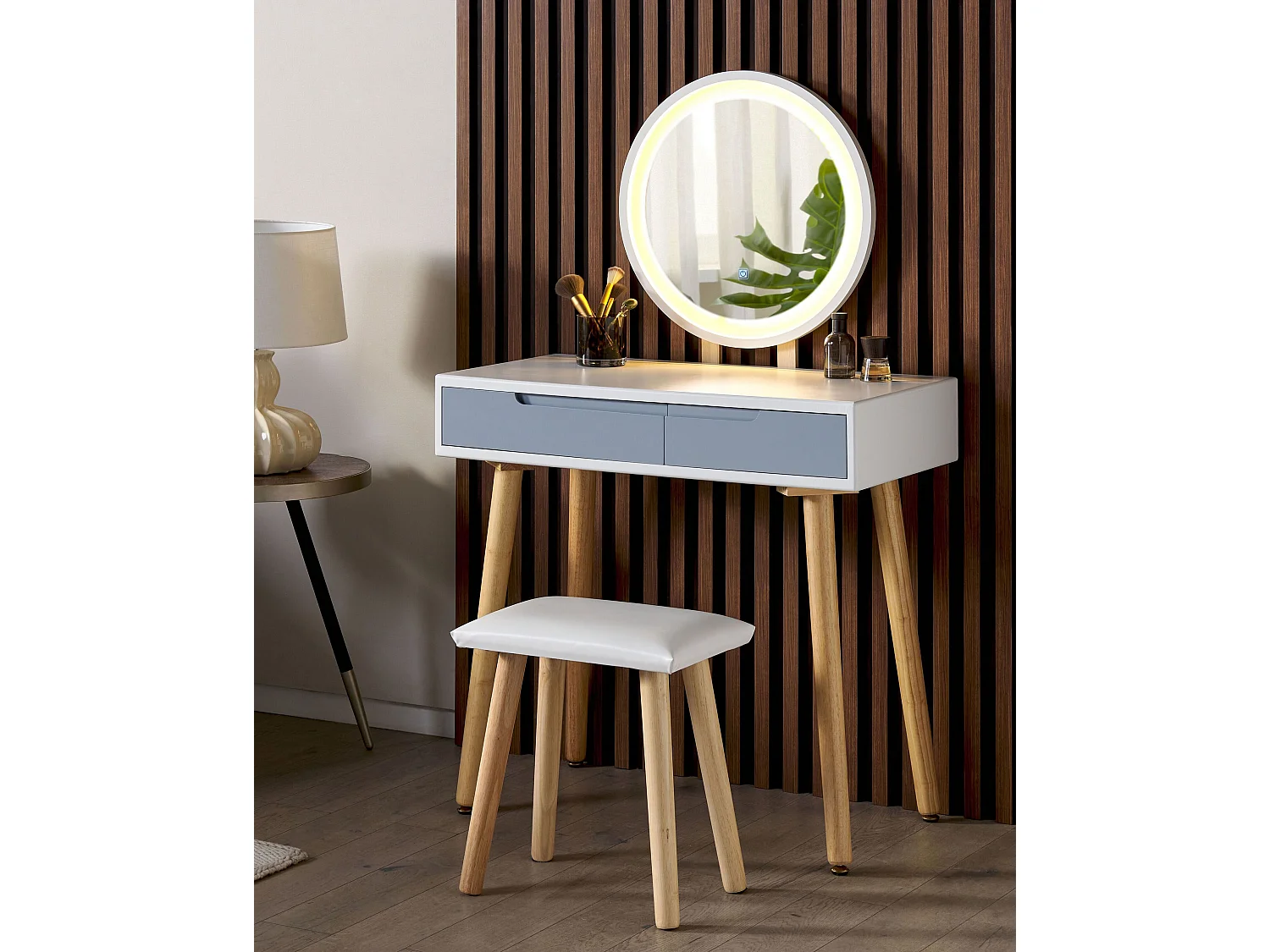 Schminktisch Set mit Hocker rund LED Spiegel 2 Schubladen Weiß und Grau Josselin