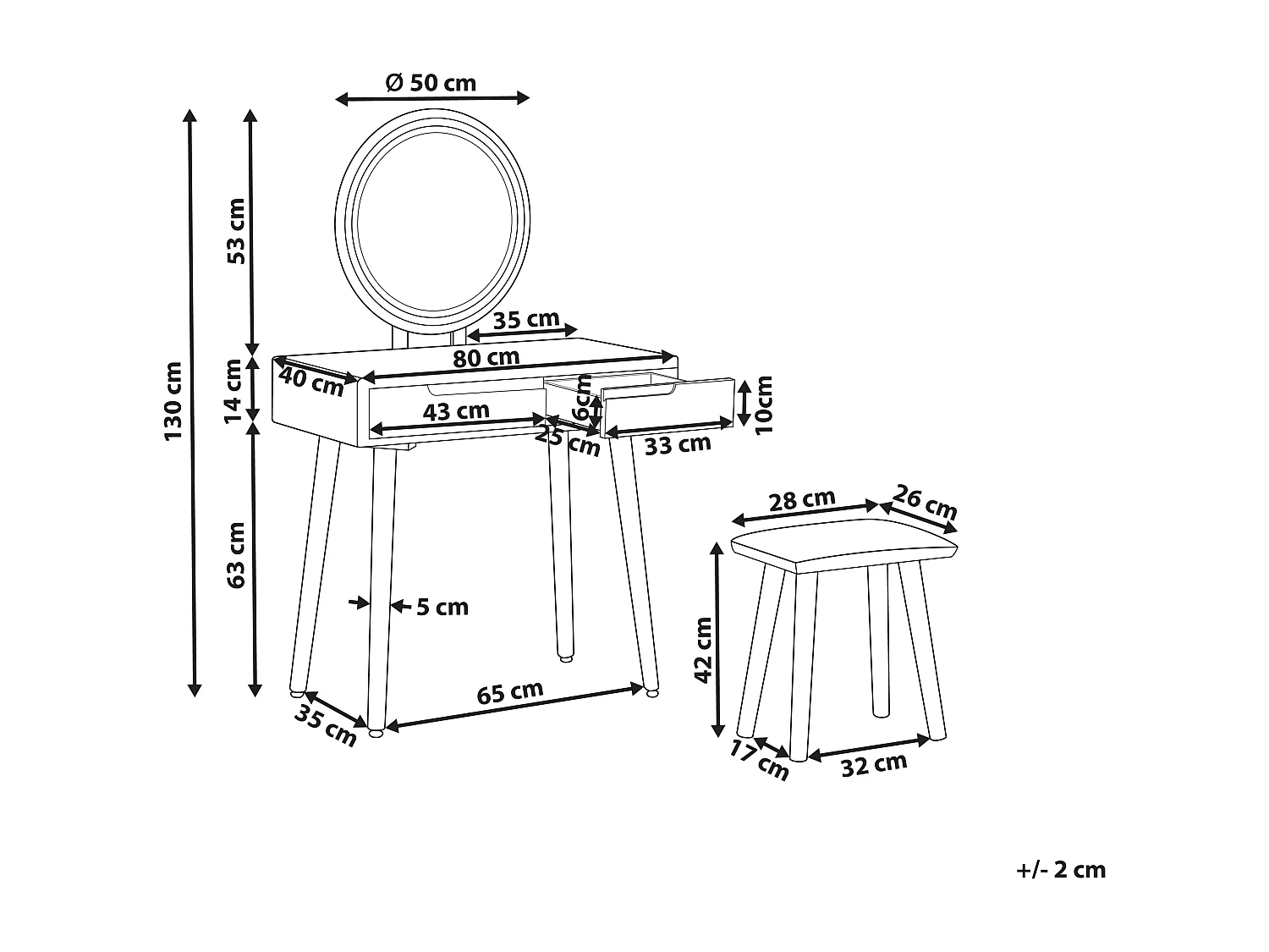 Schminktisch Set mit Hocker rund LED Spiegel 2 Schubladen Weiß und Grau Josselin