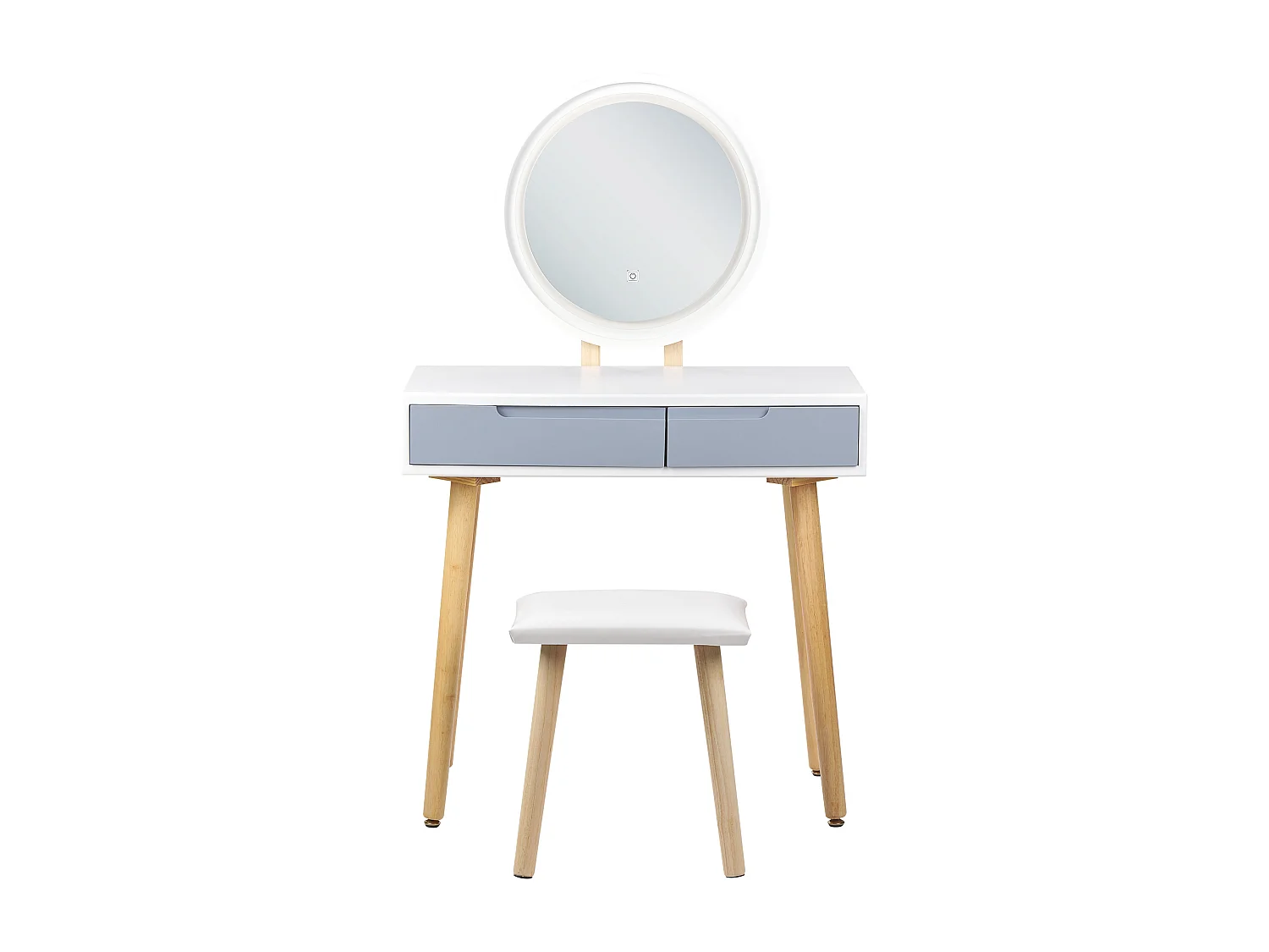 Schminktisch Set mit Hocker rund LED Spiegel 2 Schubladen Weiß und Grau Josselin
