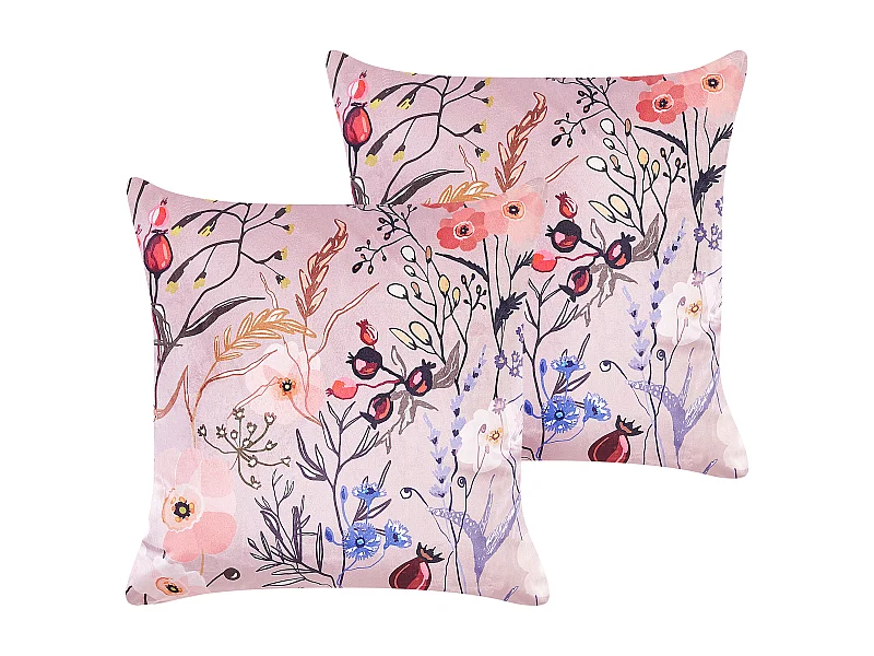 Lot de 2 coussins décoratifs ANEMONES Velours 45 x 45 cm Rose pastel Motif floral