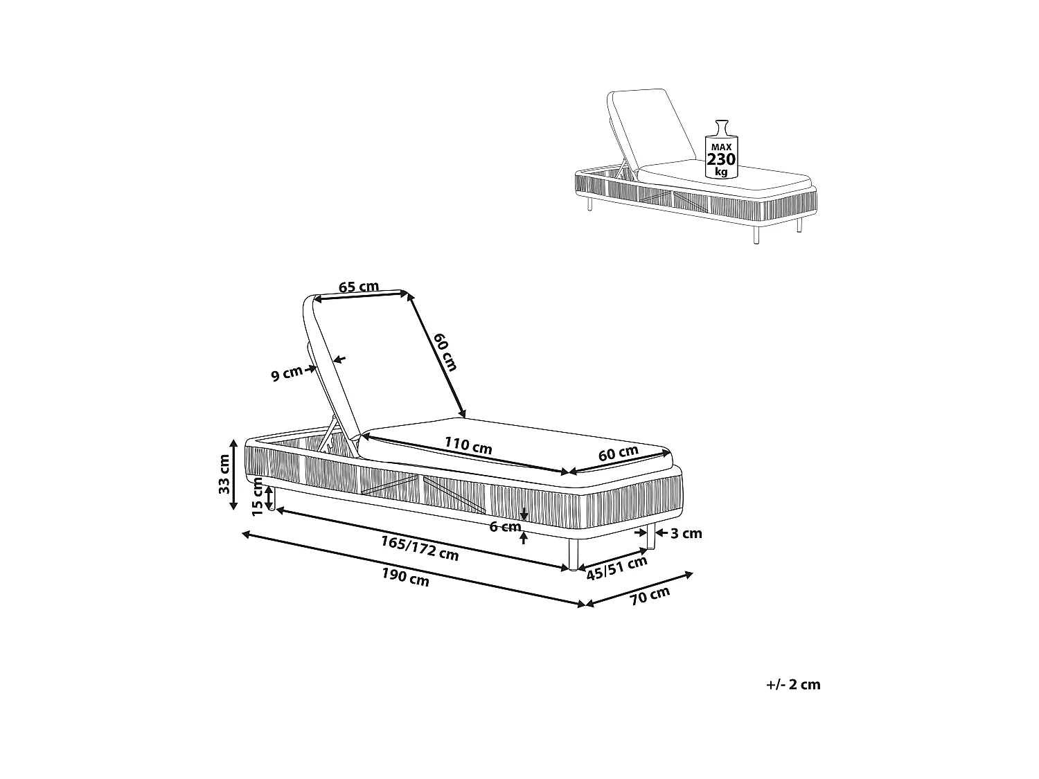 Leżak ogrodowy z poduszką OSINI Rozkładany Technorattan Szary
