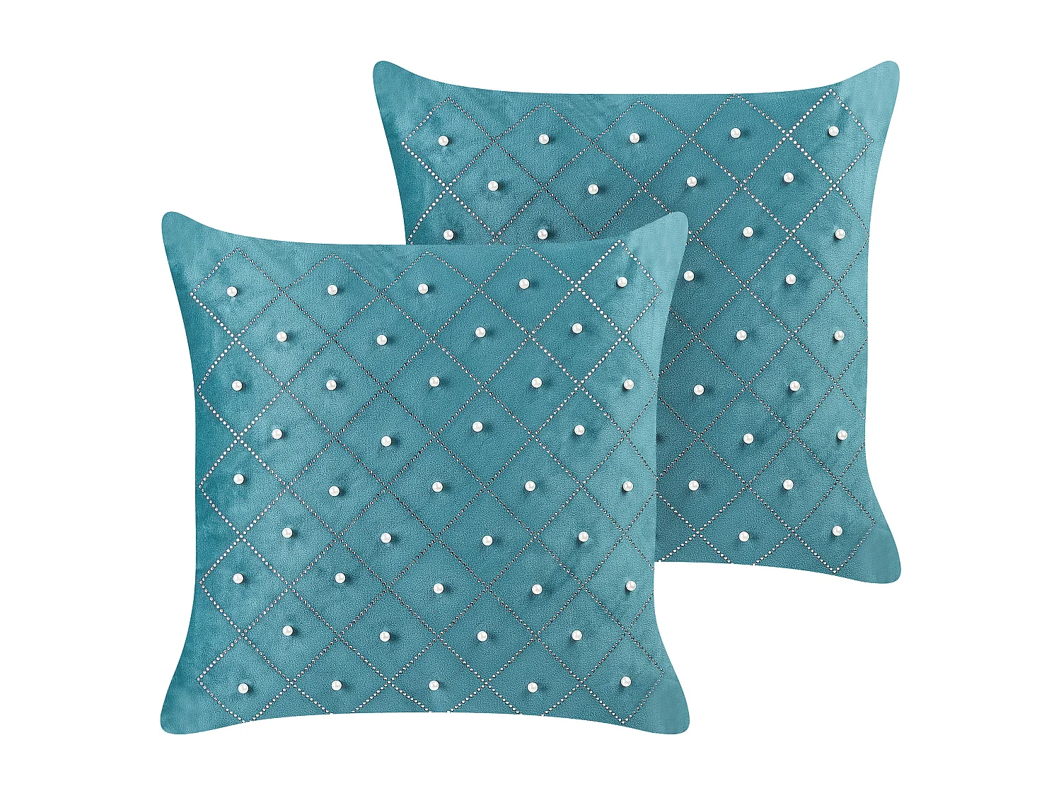 Conjunto de 2 cojines decorativos YARROW Terciopelo 45 x 45 cm Verde azulado Patrón geométrico