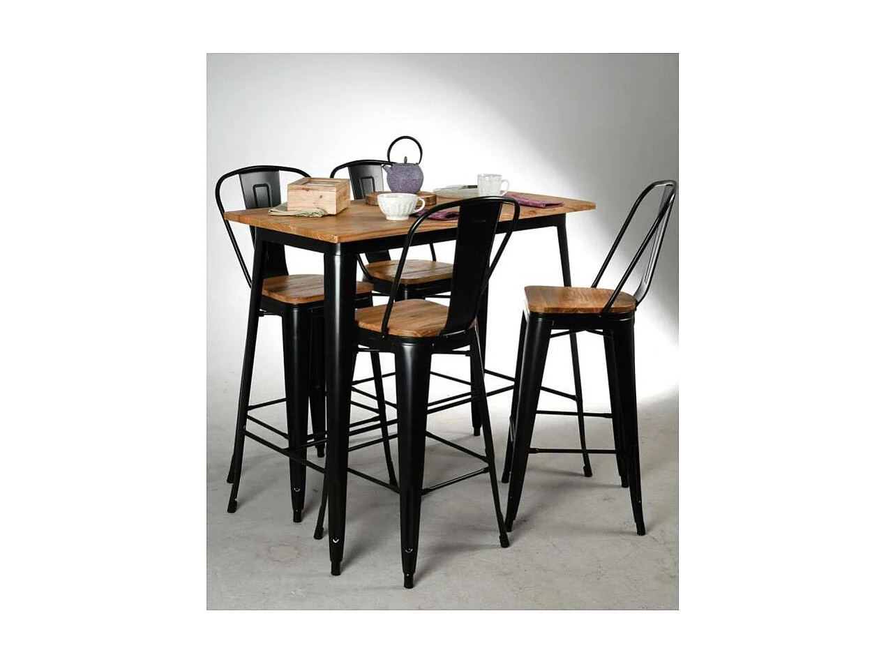 Tabouret industriel en métal et bois d'orme huilé (Lot de 4) Noir