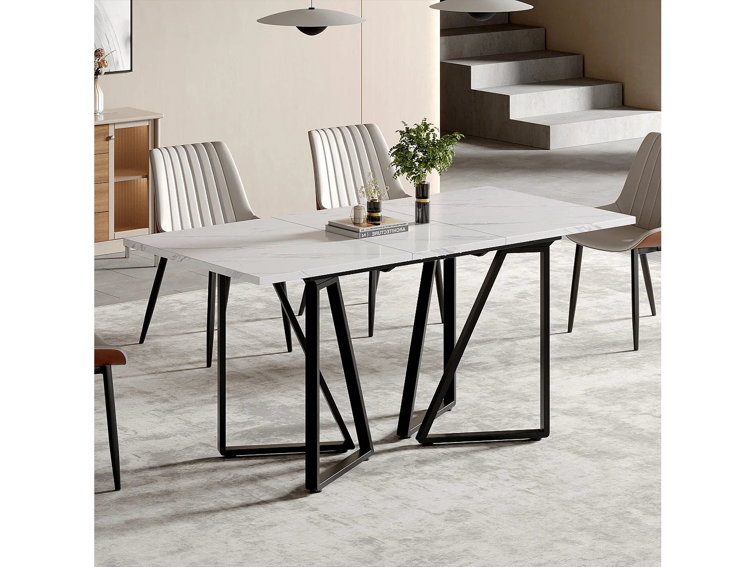 URBAN MEUBLE Table à manger extensible moderne effet marbre blanc et pieds noirs