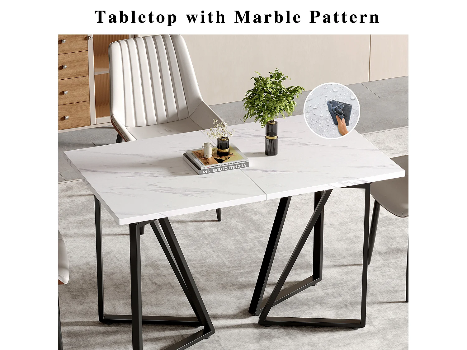 URBAN MEUBLE Table à manger extensible moderne effet marbre blanc et pieds noirs