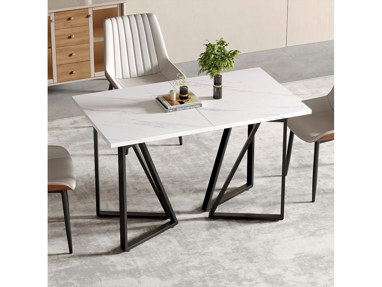 URBAN MEUBLE Table à manger extensible moderne effet marbre blanc et pieds noirs