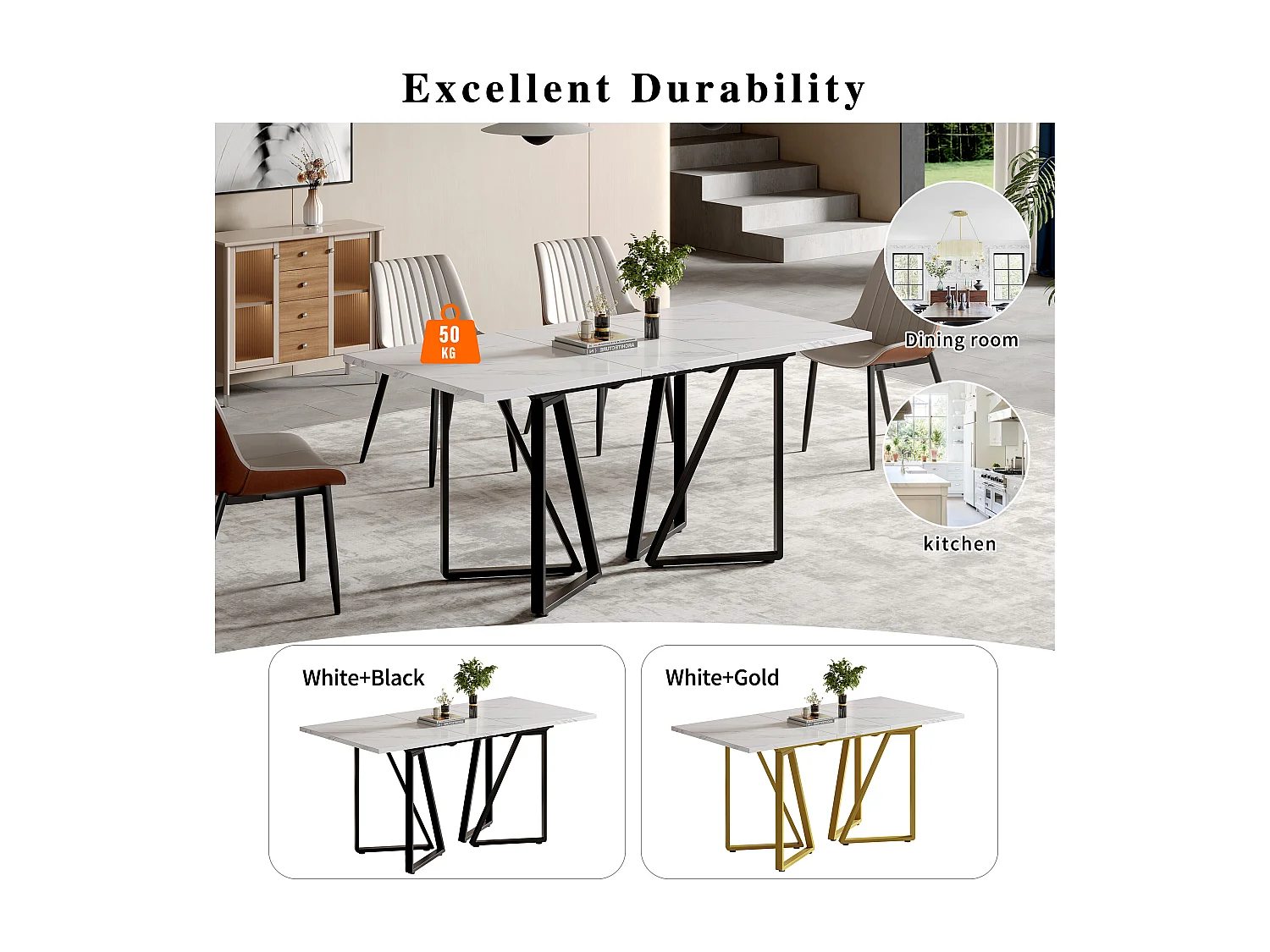 URBAN MEUBLE Table à manger extensible moderne effet marbre blanc et pieds noirs