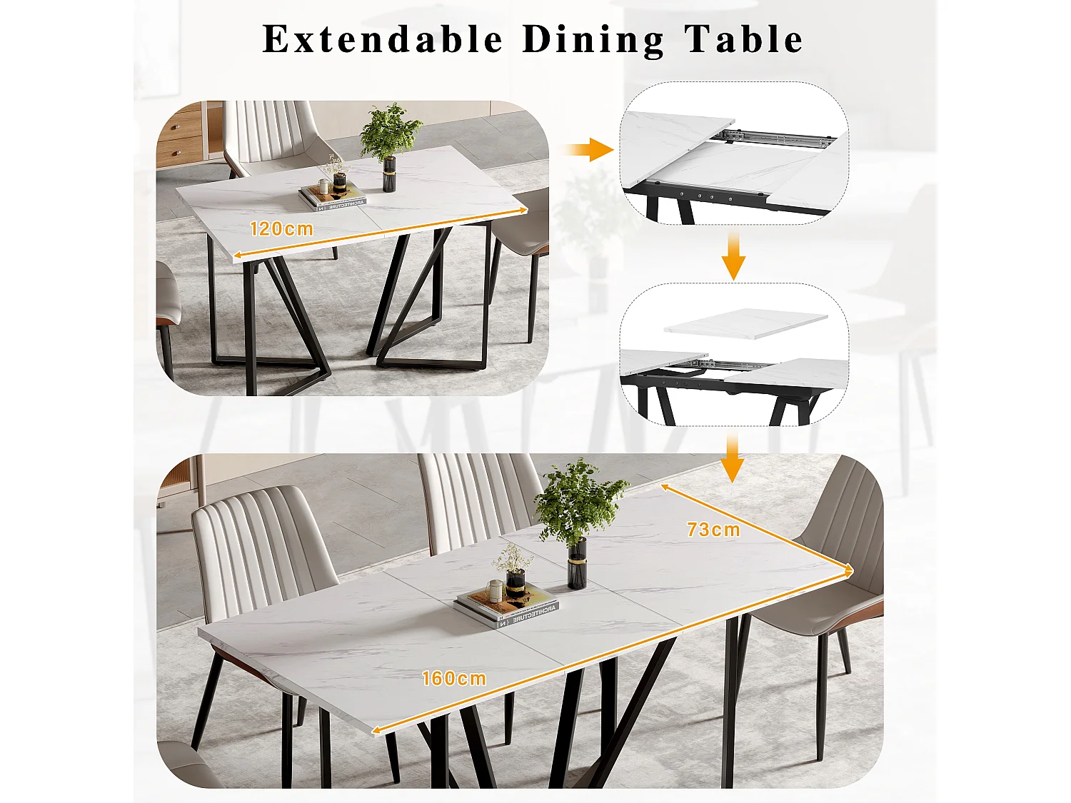 URBAN MEUBLE Table à manger extensible moderne effet marbre blanc et pieds noirs