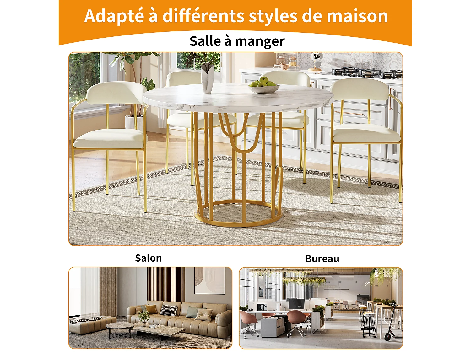 URBAN MEUBLE Table de salle à manger ronde effet marbre blanc piètement métallique doré