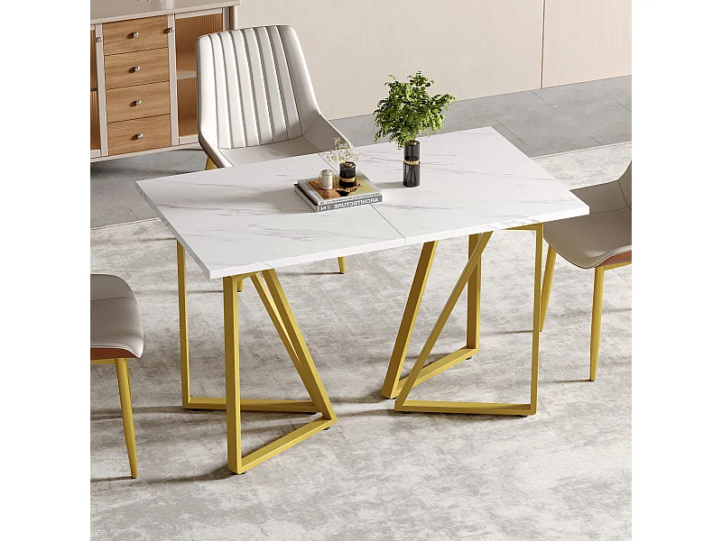 URBAN MEUBLE Table à manger extensible moderne effet marbre blanc et pieds dorés