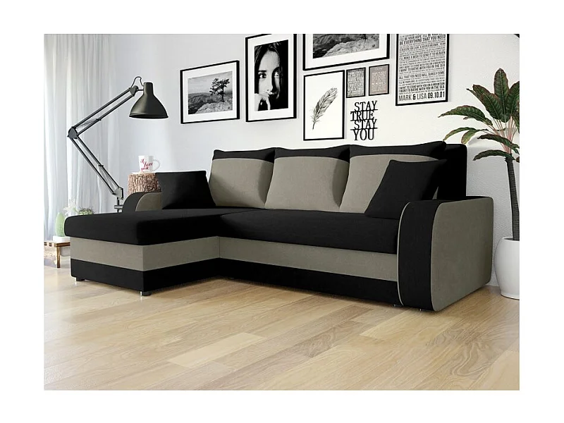 Sofá esquinero convertible KRISTO en tela gris y negra