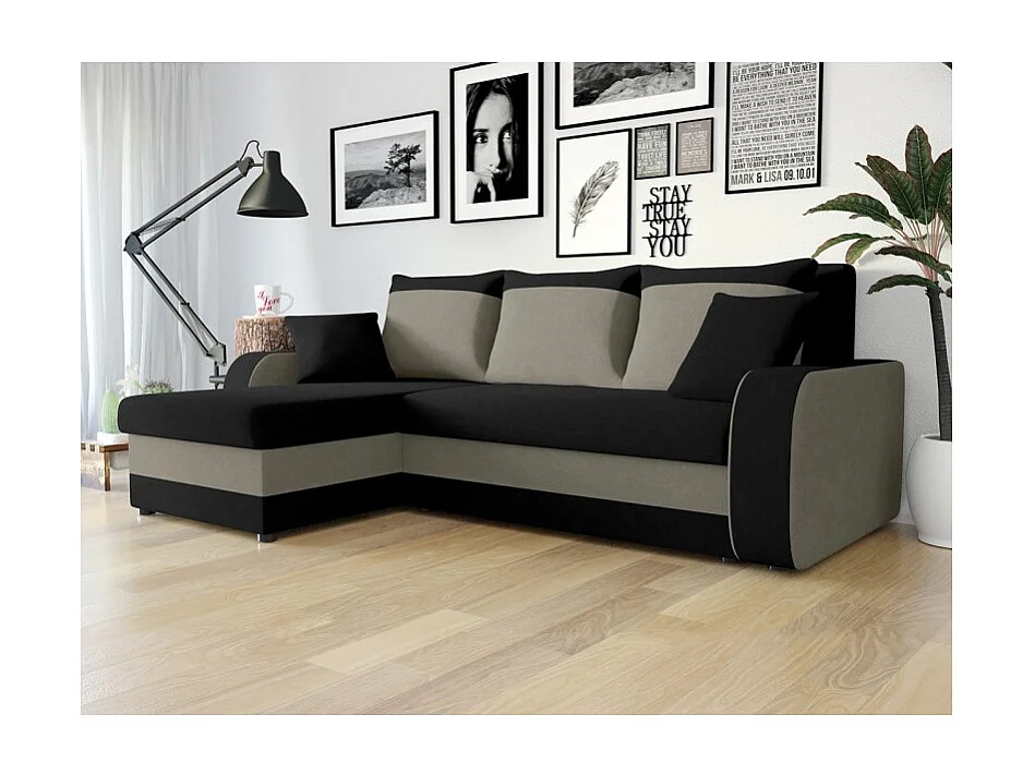 Sofá esquinero convertible KRISTO en tela gris y negra