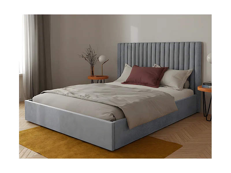 Lit coffre 160 x 200 cm avec tête de lit coutures verticales - Tissu - Gris + Matelas - SARAH