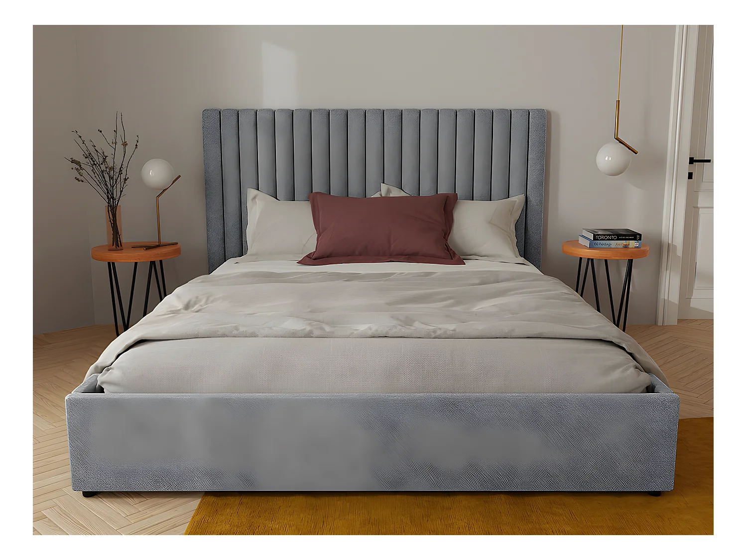 Canapé abatible 160 x 200 cm con cabecero - Tela - Gris + Colchón - SARAH