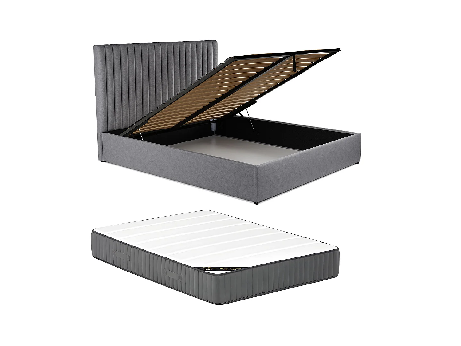 Lit coffre 160 x 200 cm avec tête de lit coutures verticales - Tissu - Gris + Matelas - SARAH