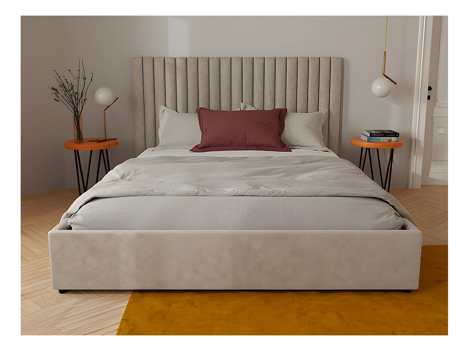 Letto contenitore con testata e cuciture verticali 140 x 190 cm Tessuto Beige + Materasso SARAH