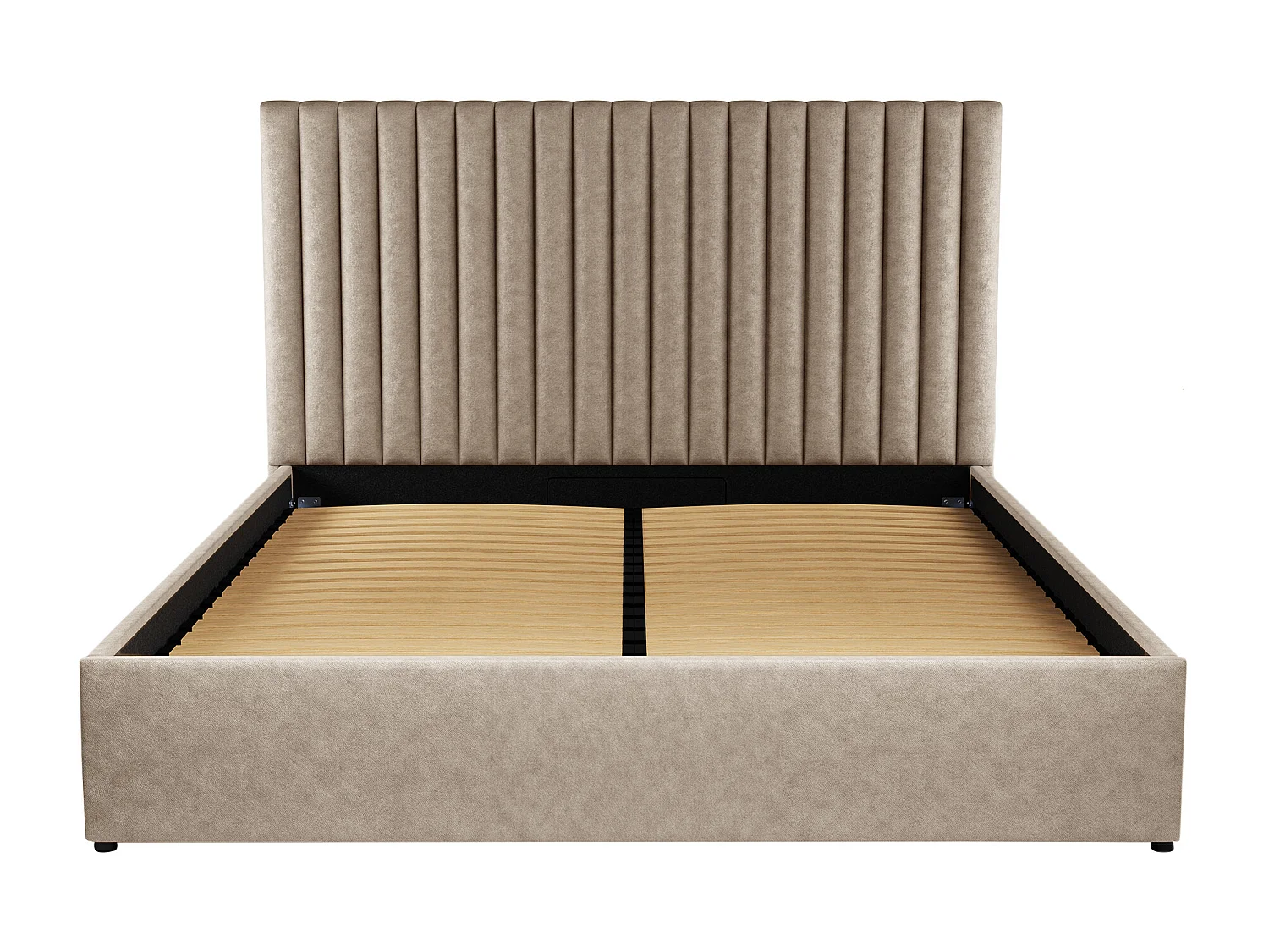 Letto contenitore con testata e cuciture verticali 140 x 190 cm Tessuto Beige + Materasso SARAH