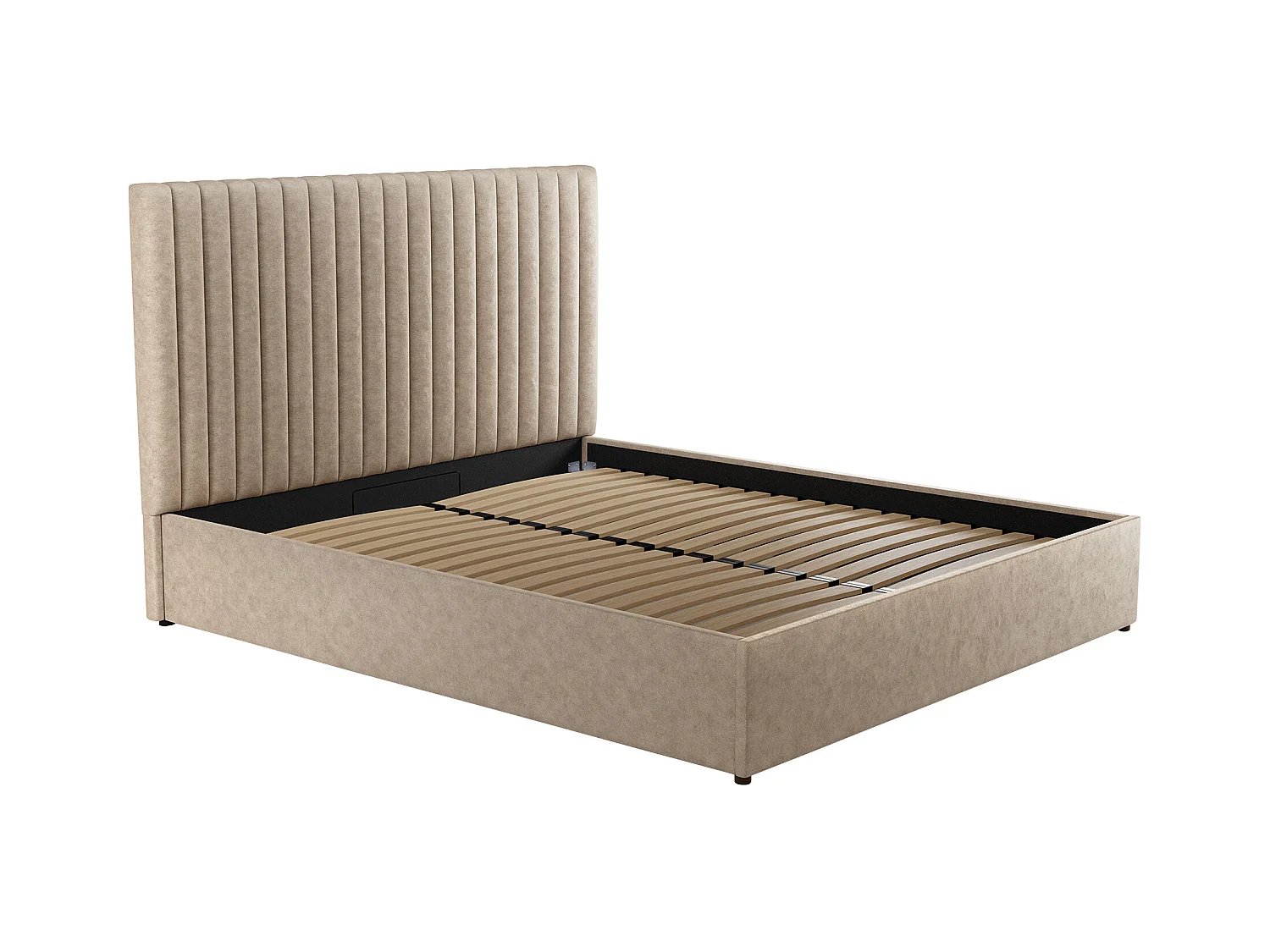 Letto contenitore con testata e cuciture verticali 140 x 190 cm Tessuto Beige + Materasso SARAH