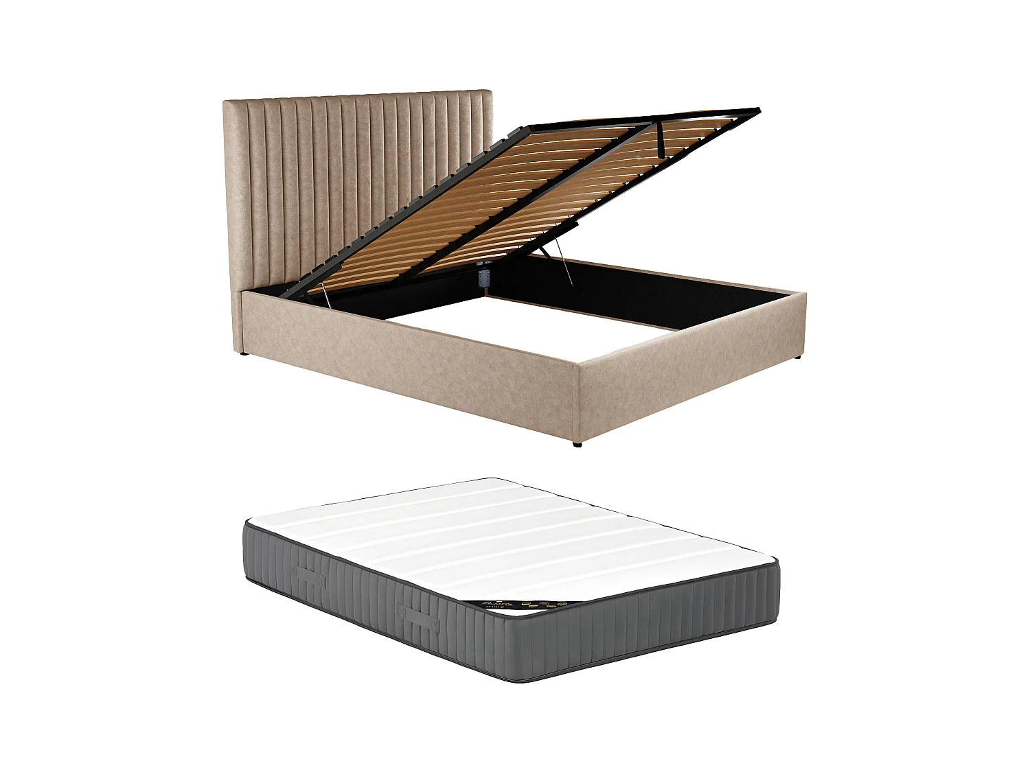 Lit coffre 140 x 190 cm avec tête de lit coutures verticales - Tissu - Taupe + Matelas - SARAH