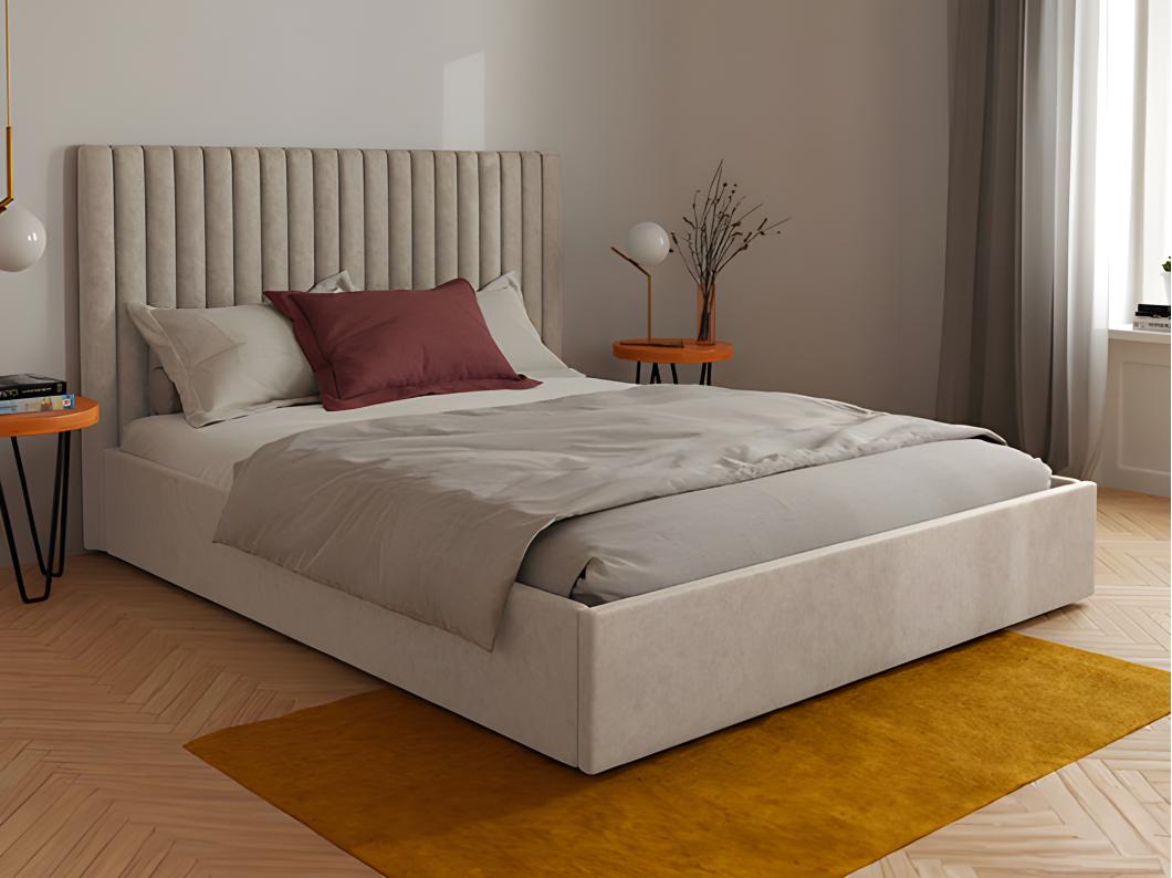 Bett mit Bettkasten - 140 x 190 cm mit Kopfteil mit vertikalen Ziernähten + Matratze - Stoff - Beige - SARAH