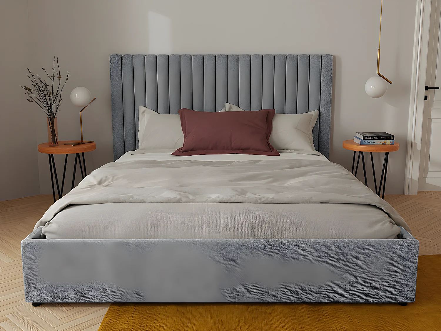Lit coffre 180 x 200 cm avec tête de lit coutures verticales - Tissu - Gris + Matelas - SARAH