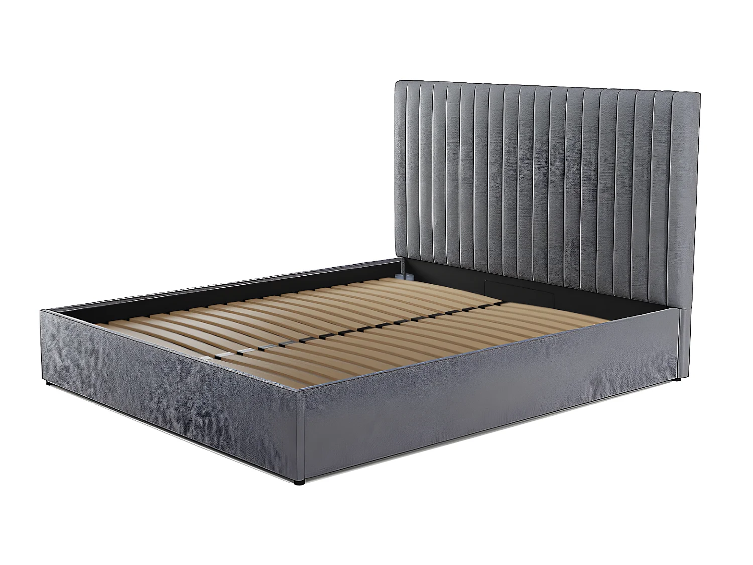 Lit coffre 180 x 200 cm avec tête de lit coutures verticales - Tissu - Gris + Matelas - SARAH