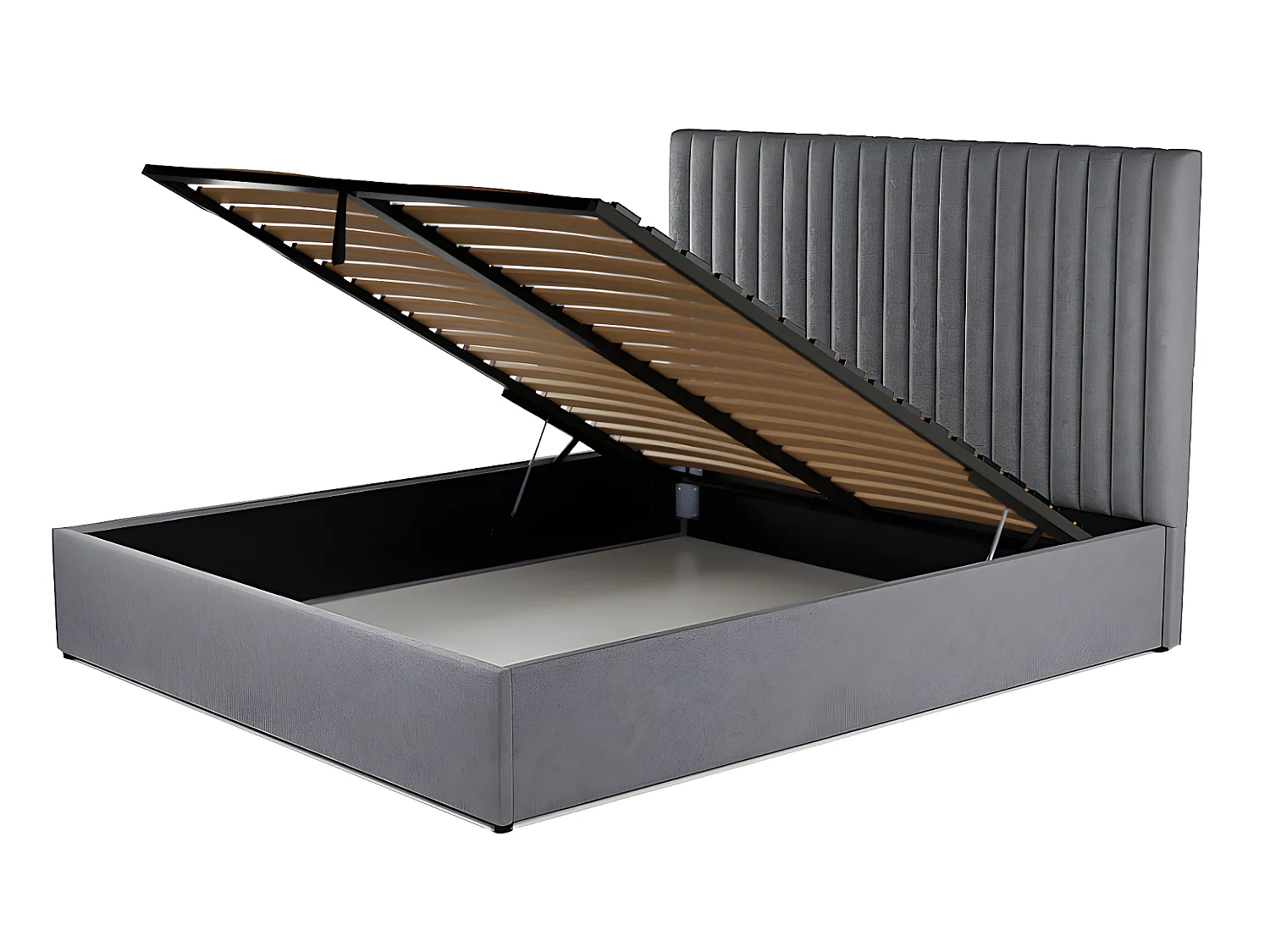 Lit coffre 180 x 200 cm avec tête de lit coutures verticales - Tissu - Gris + Matelas - SARAH