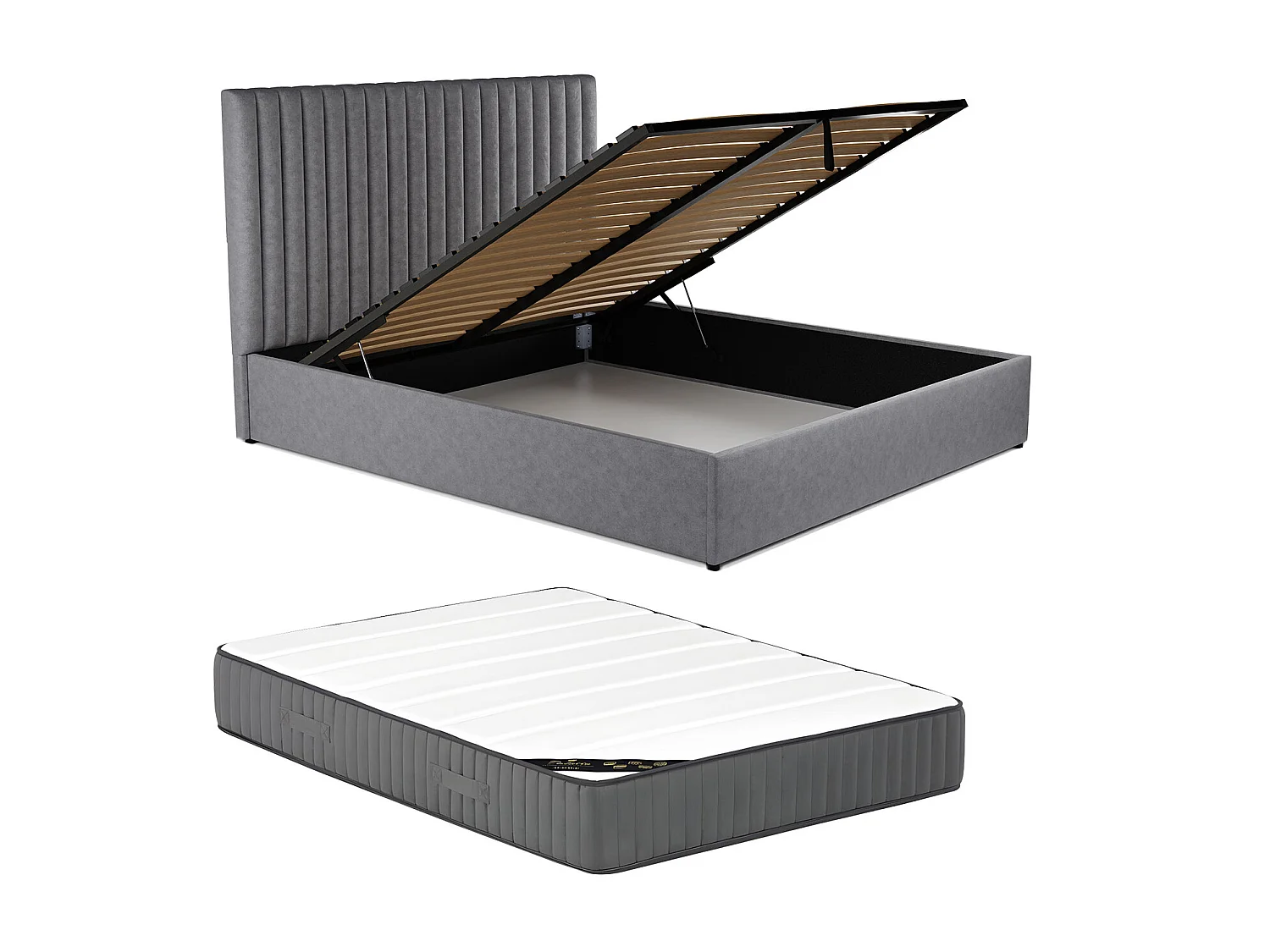 Lit coffre 180 x 200 cm avec tête de lit coutures verticales - Tissu - Gris + Matelas - SARAH