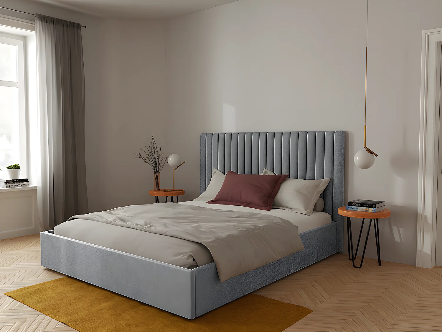 Lit coffre 180 x 200 cm avec tête de lit coutures verticales - Tissu - Gris + Matelas - SARAH
