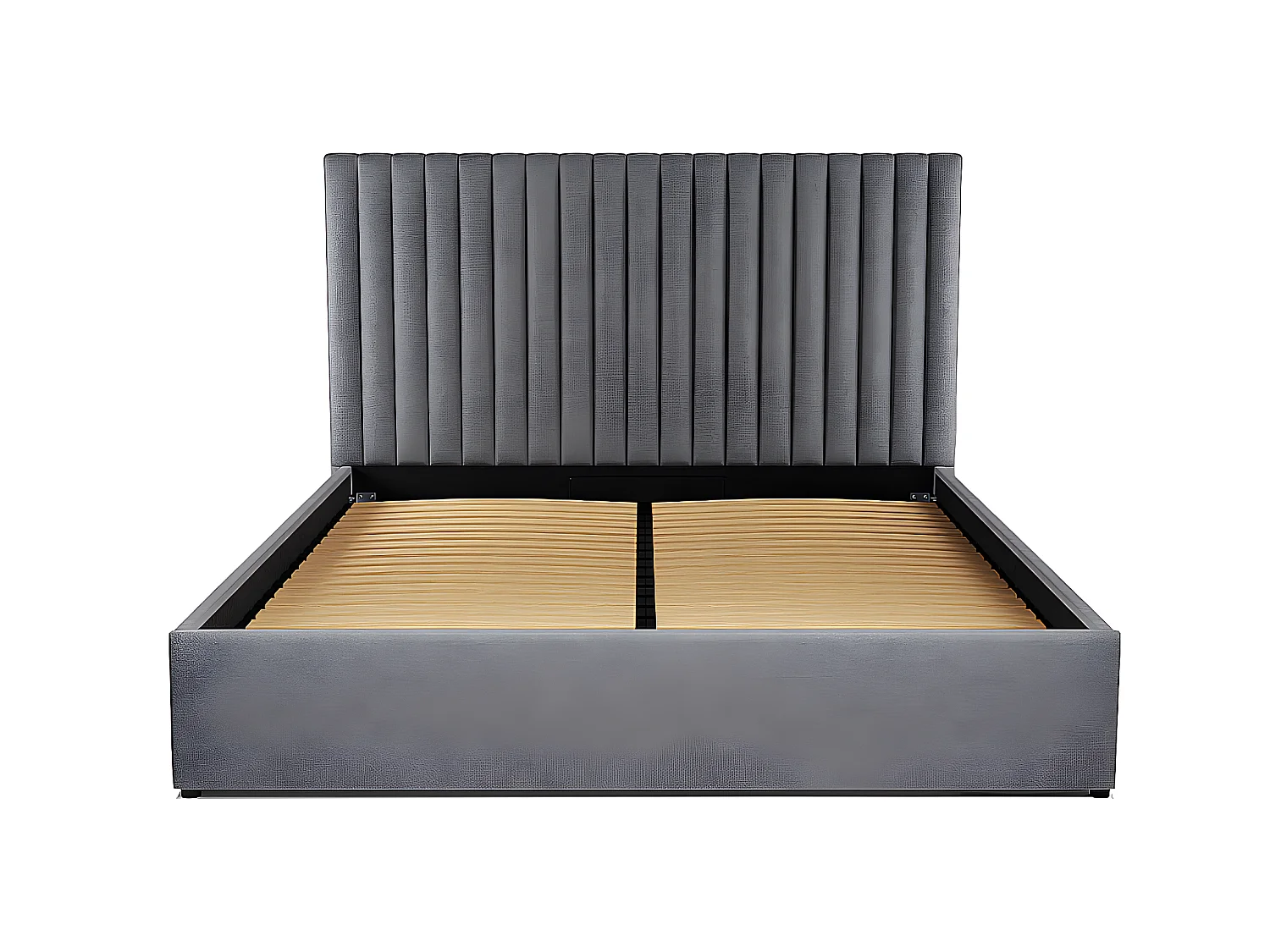 Łóżko ze skrzynią i pionowo przeszywanym zagłówkiem 180 x 200 cm - Tkanina - Szary + Materac - SARAH