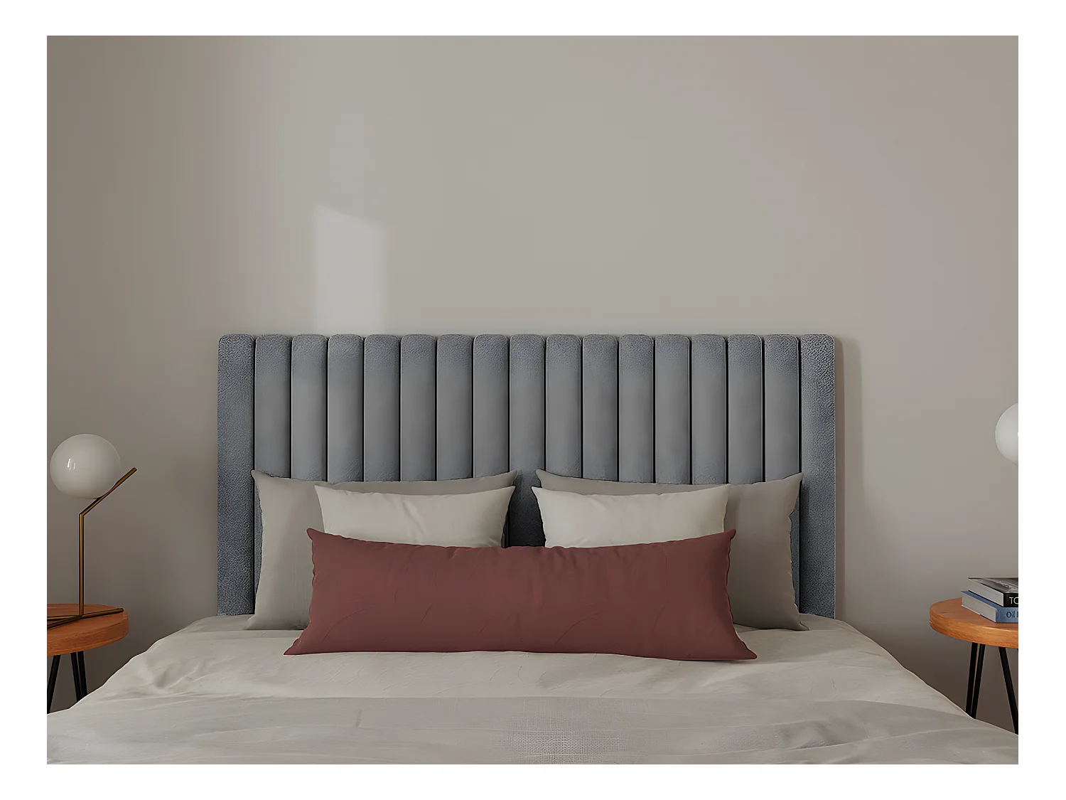 Łóżko ze skrzynią i pionowo przeszywanym zagłówkiem 180 x 200 cm - Tkanina - Szary + Materac - SARAH
