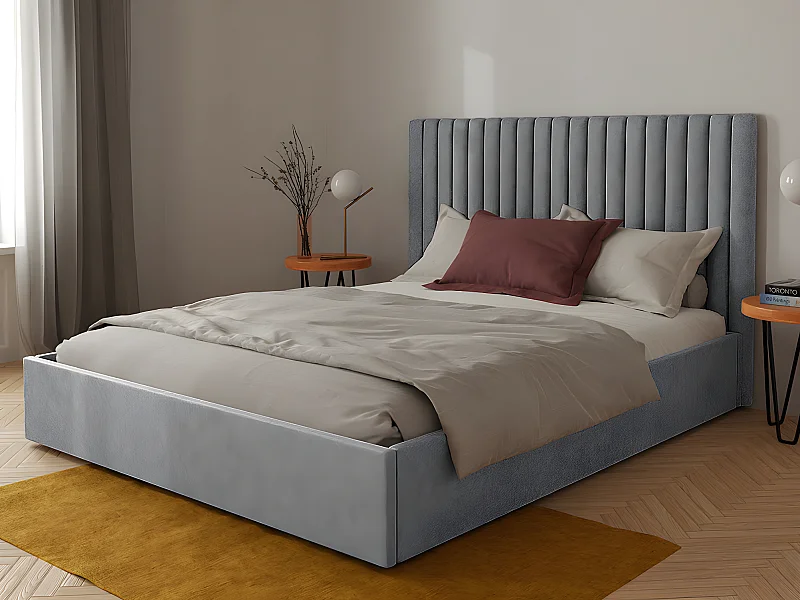Letto contenitore con testata e cuciture verticali 180 x 200 cm Tessuto Grigio + Materasso SARAH