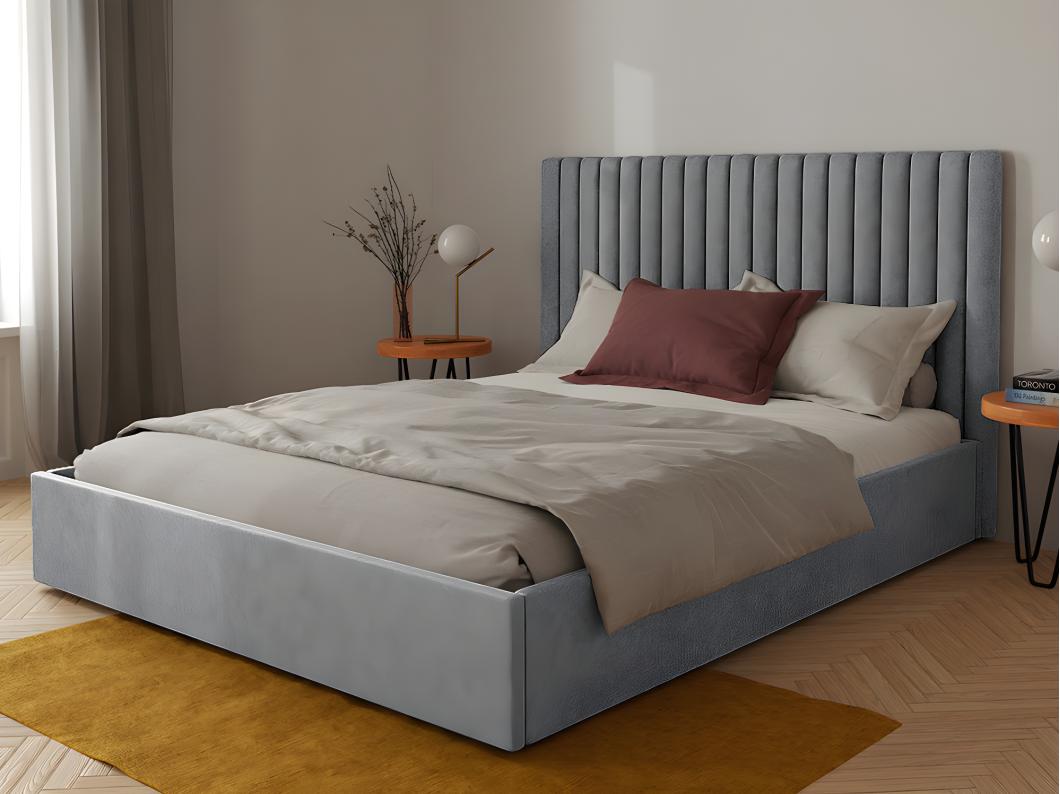 Letto contenitore con testata e cuciture verticali 180 x 200 cm Tessuto Grigio + Materasso SARAH