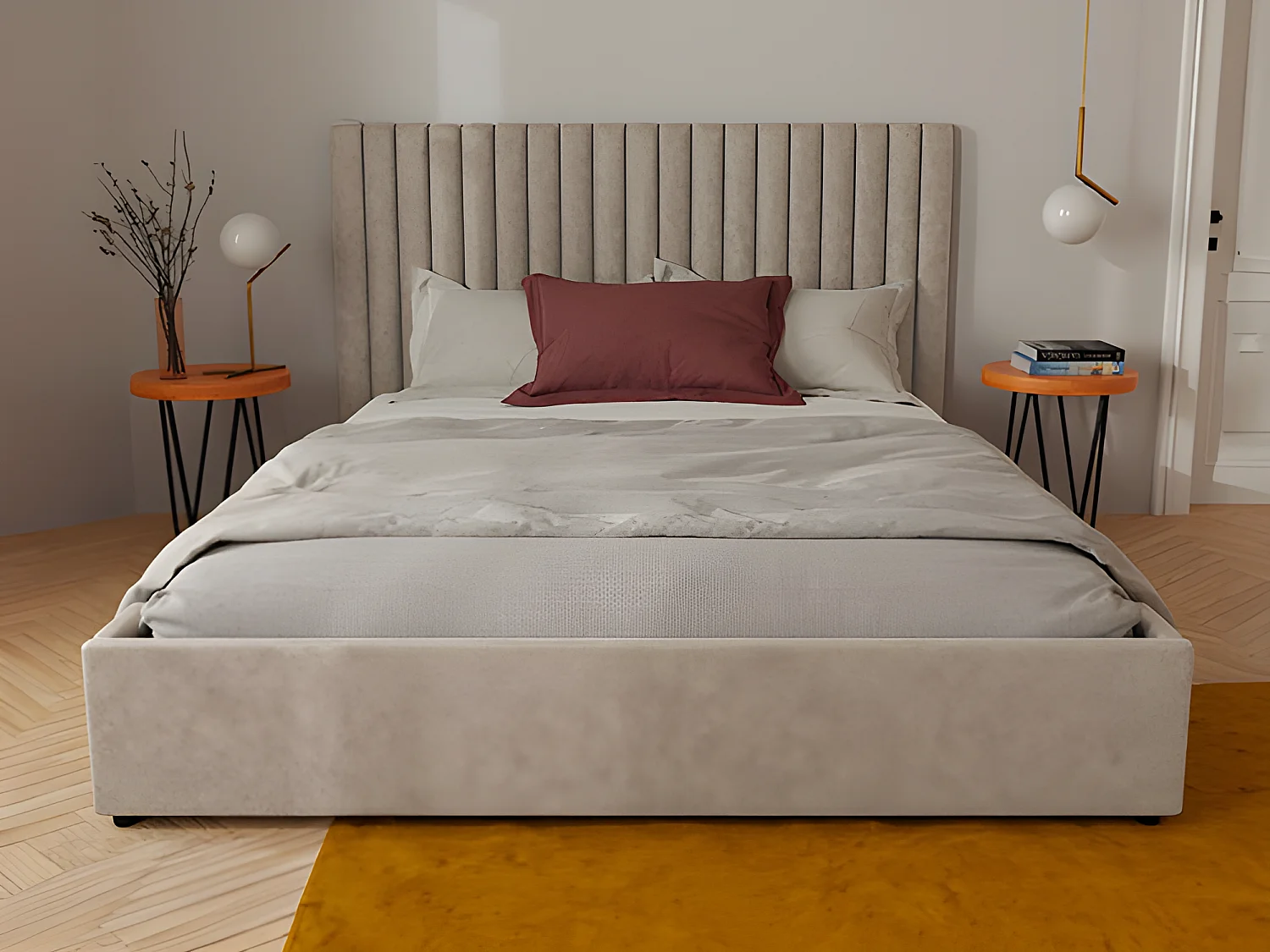 Letto contenitore con testata e cuciture verticali 180 x 200 cm Tessuto Beige + Materasso SARAH